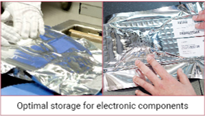 Zwei Bilder von elektronischen Bauteilen, die in Silberfolie verpackt sind